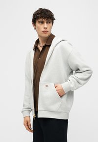 Νεαρός άνδρας με ανοιχτό γκρι φούτερ με φερμουάρ πάνω από καφέ πουκάμισο με κουμπιά, με το χέρι στην τσέπη του φούτερ, κοιτάζοντας προς τα πλάγια.