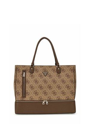 Sac cabas Guess marron et beige avec motif monogramme, deux poignées, une poche zippée verticale et un compartiment zippé horizontal à la base.