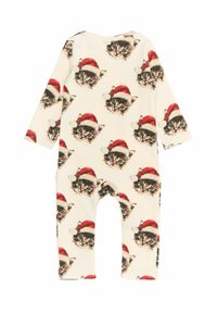 Bodysuit de manga larga en tejido de canalé color crema, con un estampado repetido de gatos con gorros de Santa rojos, y cierre de botones a presión en la parte posterior.