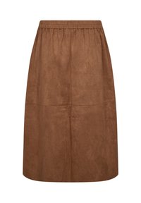 Brun mockaskinn A-linjeformad kjol med elastisk midja, med en slät yta och enkel design, som når till mitten av vadens längd.