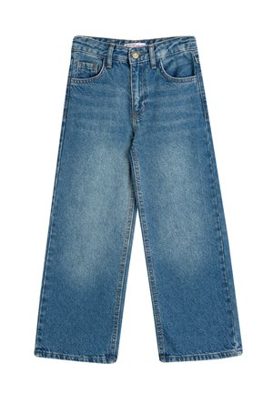 Vaqueros de mezclilla de talle alto en azul claro, de pierna ancha, con cinco bolsillos y un lavado deslavado con detalles de costura.