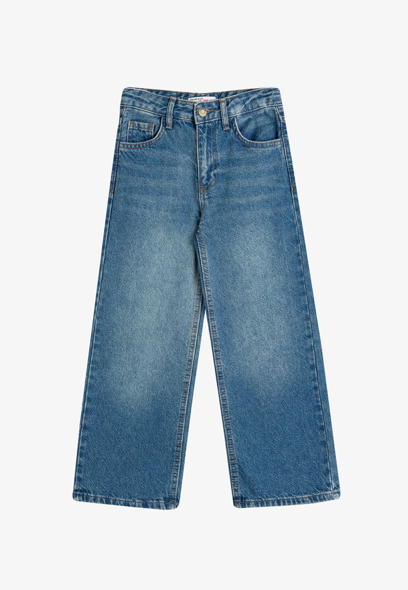 Jeans a gamba larga di colore azzurro chiaro, realizzati in denim, con vita alta, cinque tasche e un lavaggio sbiadito con dettagli di cucitura.
