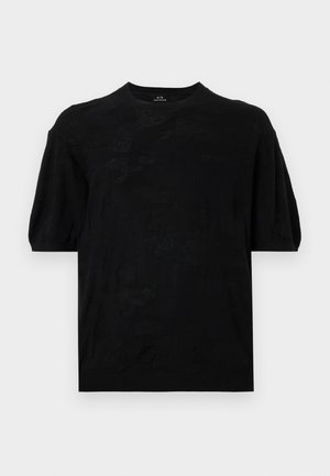 Top negru cu mânecă scurtă, care are o croială lejeră, decolteu rotund și o suprafață texturată cu detalii de model subtile. Fabricat dintr-un material ușor.