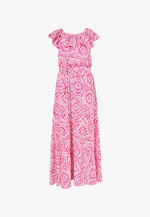 Długa sukienka w różowo-biały wzór tie-dye, z krótkimi falbankowymi rękawami i talią podkreśloną pasem z dopasowanego materiału.