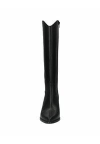Black leather knee-high boot with a pointed toe, curved top edge, and a side zipper for closure. Smooth texture and sleek design.