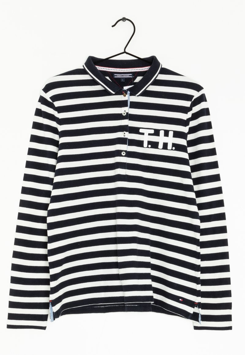 Marinblå och vit randig långärmad polotröja med krage, knäppning framtill och T.H. text på vänster bröst. Strukturerad bomullstyg.