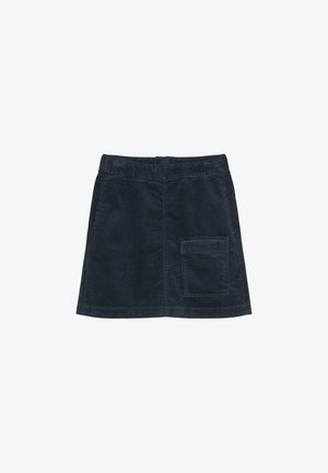 Mini-jupe en velours côtelé bleu foncé avec une poche à rabat sur le côté droit, ourlet droit et ceinture.