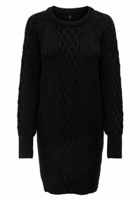 Robe pull noire tricotée avec encolure ronde côtelée, manches longues et motif texturé en losanges sur toute la surface. Comprend des poignets ajustés.