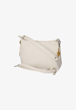 Cremefarbene, strukturierte Leder-Schultertasche mit abnehmbarem Riemen und bernsteinfarbenem Kettendetail auf einer Seite.