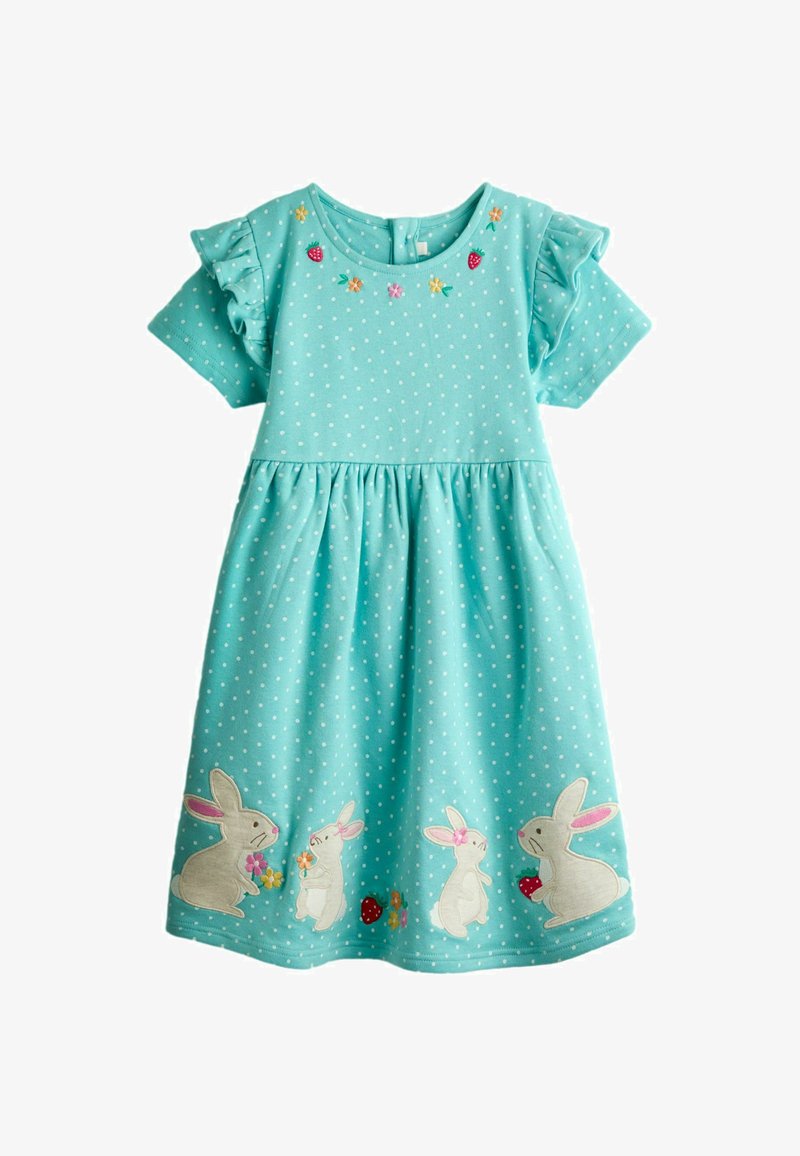 Robe aqua à pois avec manches courtes à volants, ornée de lapins et de fleurs brodés sur l'ourlet, confectionnée dans un tissu doux et léger.