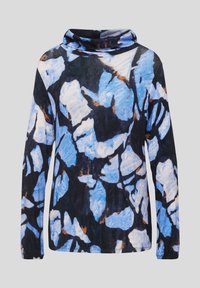 Langarm-Pullover mit Kapuze, der ein abstraktes Muster in Blau und Schwarz auf einem weichen Stoff zeigt. Akzentuiert mit hellbraunen Details.