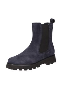 Stivaletti alla caviglia in camoscio blu scuro con pannelli elastici neri ai lati e suola in gomma nera testurizzata. Presentano una linguetta sul retro.