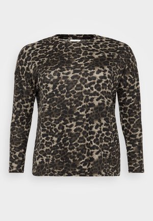 Langärmliges Hemd aus leichtem Stoff, mit einem schwarz-beigen Leopardenmuster, Rundhalsausschnitt und lockerer Passform.