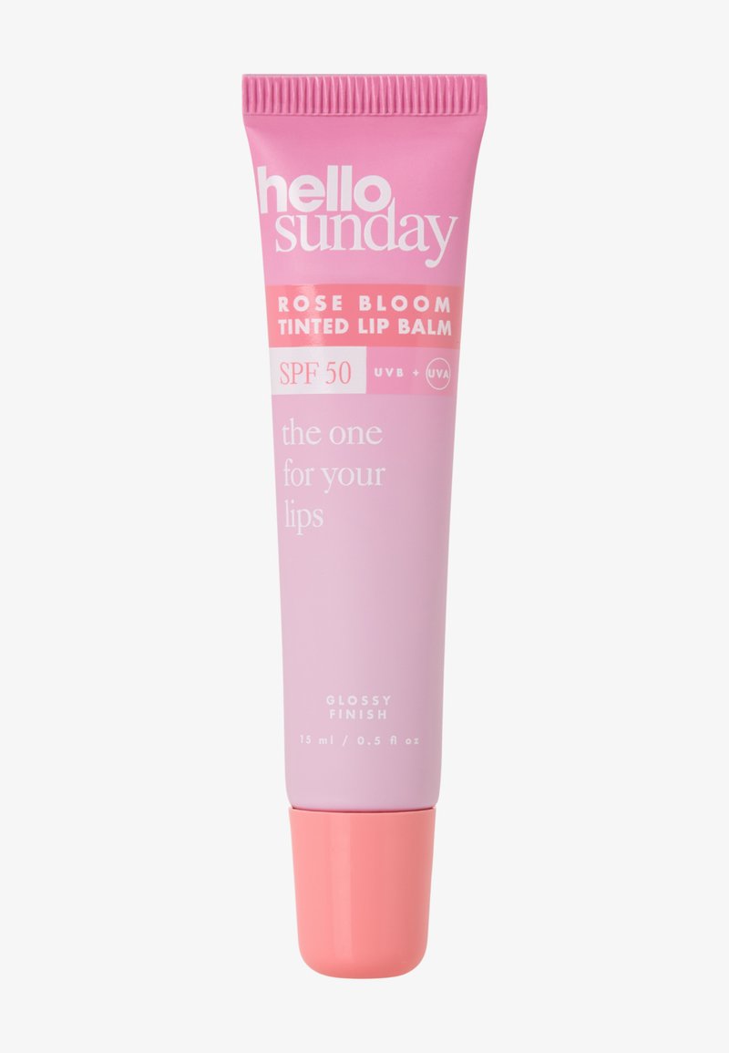 Tubetto rosa del balsamo labbra colorato Hello Sunday Rose Bloom con SPF 50, finitura lucida, 15 ml, progettato per proteggere e colorare le labbra.