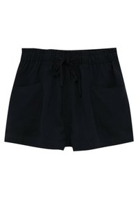 Pantaloni corti neri con vita elastica e cordino. Presentano due tasche laterali e una trama liscia. Design semplice a taglio dritto.