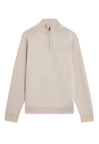 Beige zip-kraag sweatshirt gemaakt van zachte stof. Heeft lange mouwen, geribbelde manchetten en een klein logo op de borst. Soepele textuur.