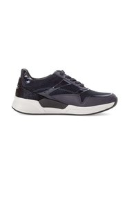 Dark navy athletic shoe with patent leather and suede accents, textured sides, lace-up design, and a white midsole with grip outsole.