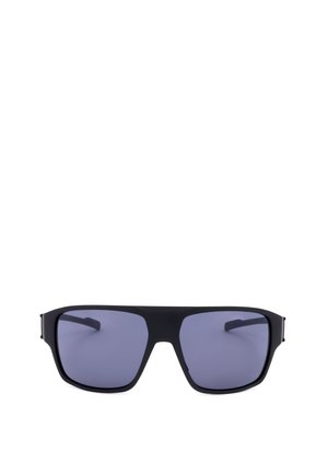 Black rectangular sunglasses with dark tinted lenses and a thick frame, shown from the front on a white background.