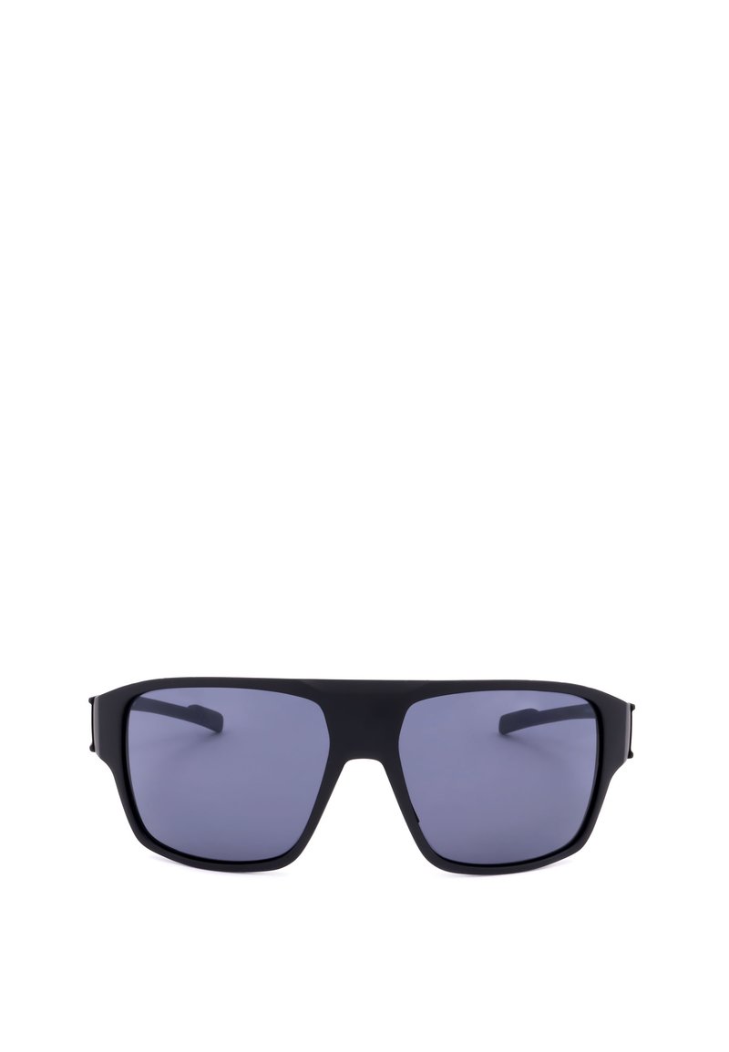 Black rectangular sunglasses with dark tinted lenses and a thick frame, shown from the front on a white background.