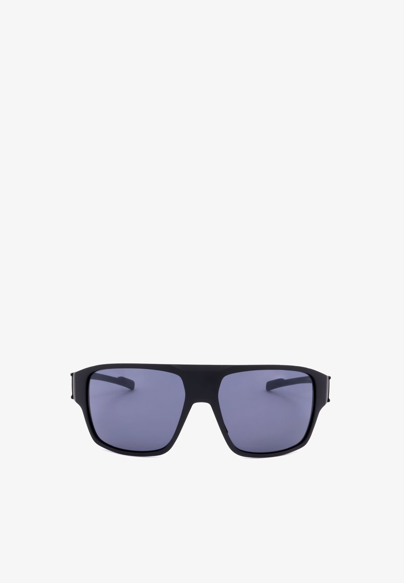 Black rectangular sunglasses with dark tinted lenses and a thick frame, shown from the front on a white background.