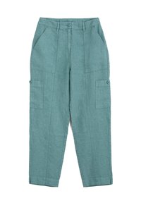 Light teal linen pants with a relaxed fit. Features two side pockets and cargo pockets on each leg, finished with a button closure.