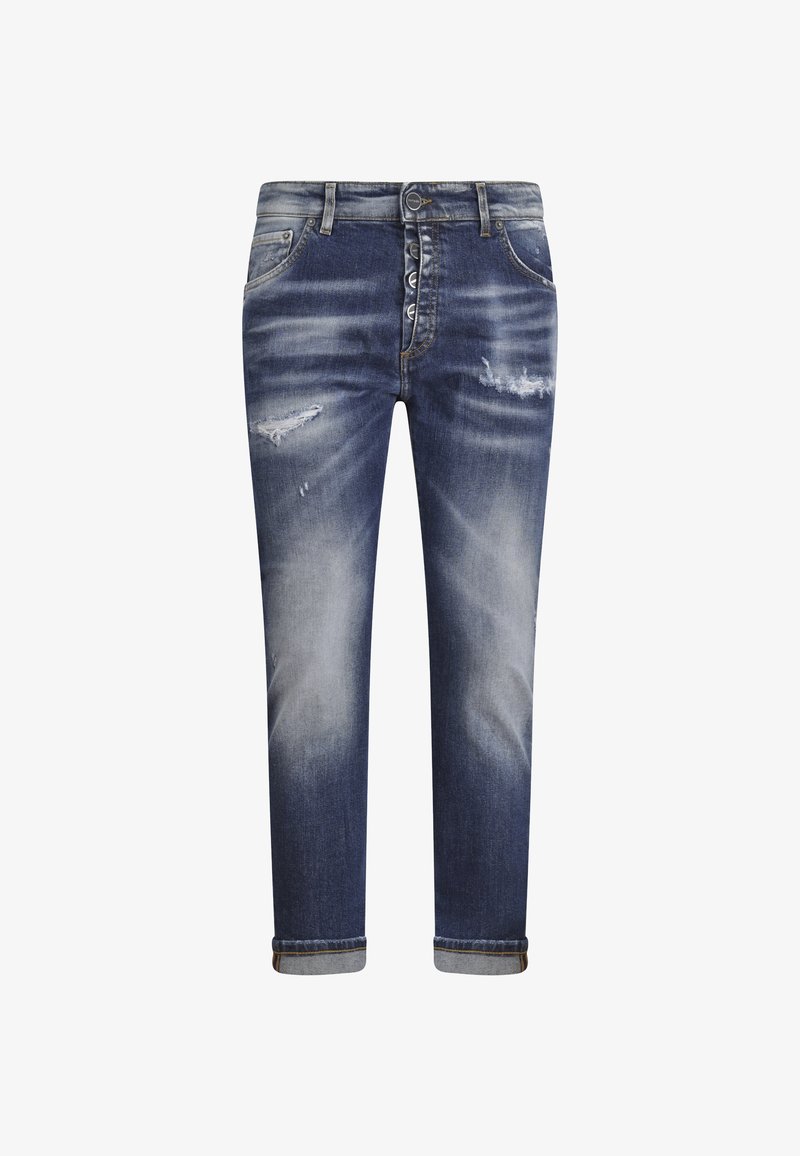 Jean denim bleu moyen avec finition délavée, présentant des zones usées, cinq poches et une braguette à boutons. Revers roulés à l'ourlet.
