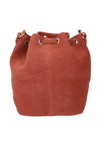 Eimerhandtasche aus rostfarbigem Wildleder mit strukturierten Oberflächen, Kordelzugverschluss und Metallösen, die eine weiche, runde Form aufweist.