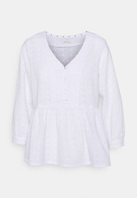 Weißes Langarm-Bluse mit V-Ausschnitt, Knopfleiste und gestickten Blumenmustern, mit gerafftem Bund und lockerer Passform.
