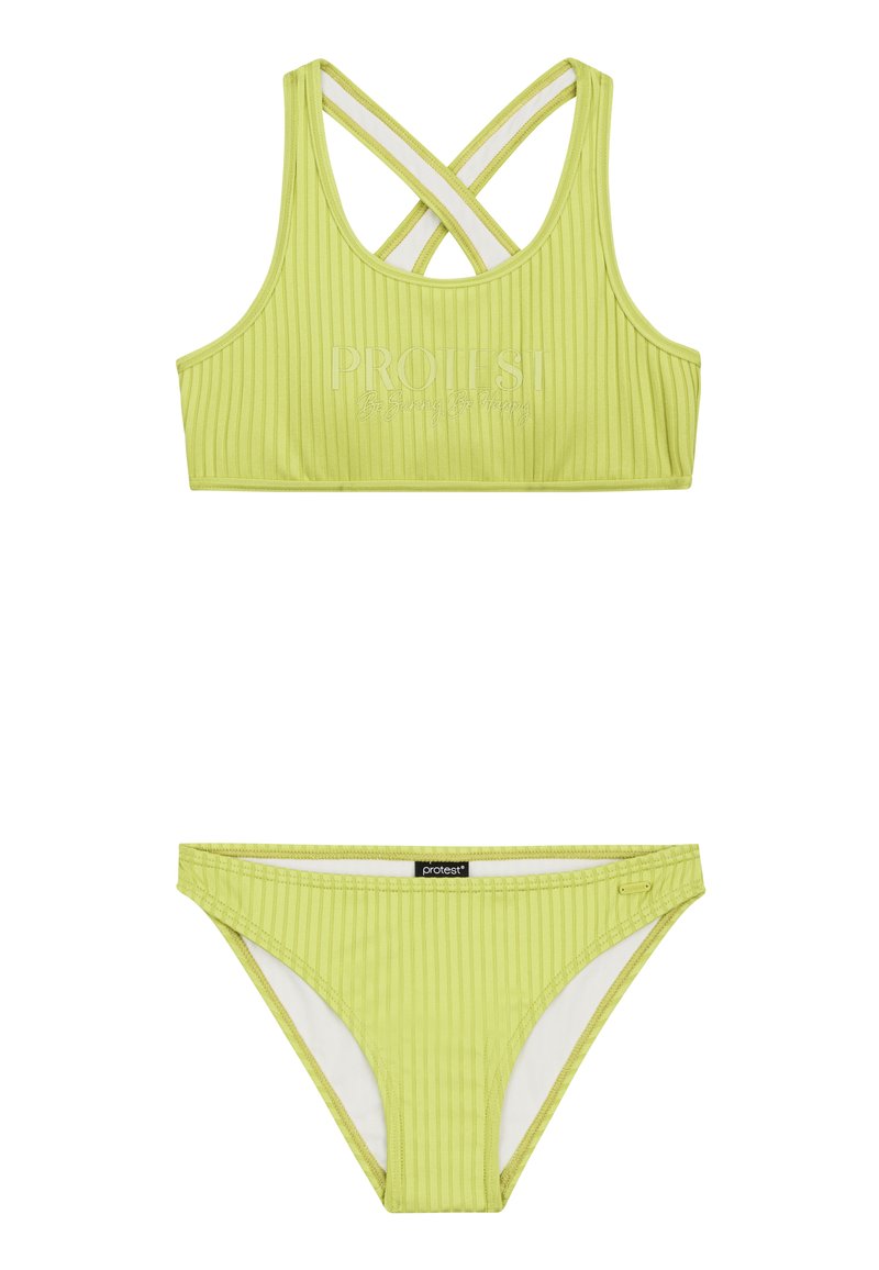 Riboto žaliųjų bikinio komplektas su trumpu viršumi su kryžminėmis petnešomis ir atitinkančiu žemu juosmeniu; abu pagaminti iš elastingos medžiagos.