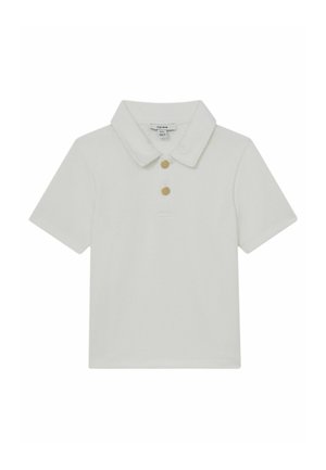 Polo blanc à manches courtes avec un col classique et deux boutons dorés sur la patte de boutonnage avant.