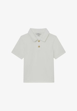 Witte polo met korte mouwen, klassieke kraag en twee gouden knopen op de voorkant.