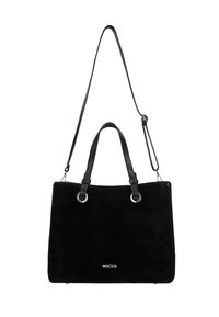 Borsa a tracolla nera in suede con doppi manici superiori e una tracolla removibile. Presenta accessori in tonalità argentata e un dettaglio del logo sul frontale.