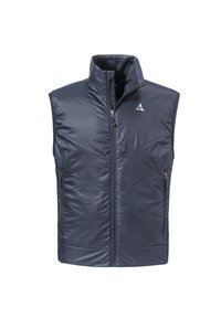 Navyblaue gepolsterte Weste aus glattem, leichtem Material, mit hohem Kragen, durchgehendem Reißverschluss und zwei seitlichen Taschen mit Reißverschluss.