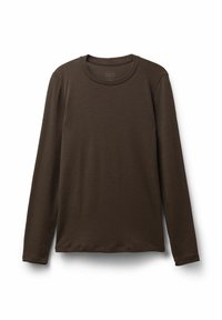 Langarm-T-Shirt in Dunkelbraun, aus weichem Stoff gefertigt. Mit Rundhalsausschnitt und gerippten Bündchen, verfügt es über eine glatte Textur und ein einfaches Design.