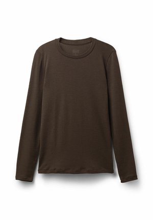 Maglietta a maniche lunghe di colore marrone scuro, realizzata in tessuto morbido. Presenta un colletto rotondo e polsini a costine, con una texture liscia e un design semplice.