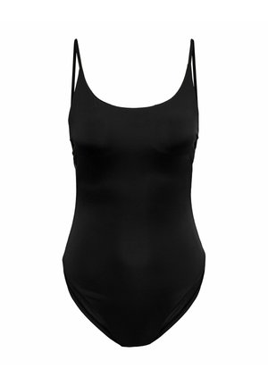 Černé jednodílné plavky s tenkými nastavitelnými ramínky a výstřihem do tvaru lodičky, zobrazené na bílém pozadí.