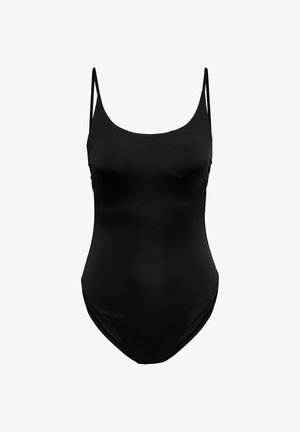 Black one-piece swimsuit with thin adjustable shoulder straps and a scoop neckline, displayed against a white background.