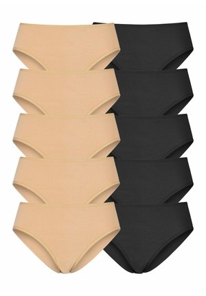 Set van tien paar vrouwelijke katoenen blend slipjes, vijf in lichtbeige en vijf in zwart. Heeft een middelhoge taille en een gladde textuur.