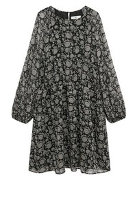 Czarna sukienka w kwiaty z długimi bufkami, z wzorem w białym kolorze. Wykonana z przezroczystej tkaniny z marszczoną talią dla uzyskania objętości.