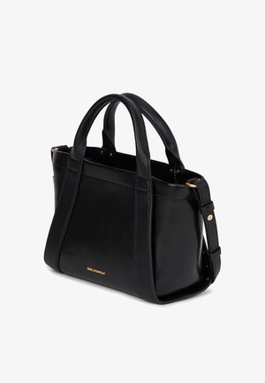 Musta nahkalaukku, jossa on kaksoiskahvat, säädettävä olkahihna ja hillitty kultainen logoetuosa.