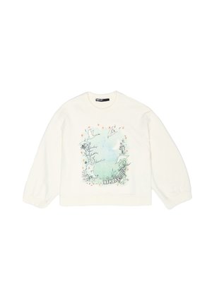 Cremfarbener Sweatshirt mit langen Ärmeln, der auf der Vorderseite einen Grafikdruck von Vögeln und abstrakter Szenerie in grünen und orangefarbenen Akzenten zeigt.