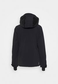 Black jacket featuring a hood, long sleeves, and a smooth texture. Design includes a high collar and adjustable cuffs.