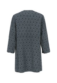 Long-sleeve, knee-length coat with blue and black geometric leaf pattern, shown from the back on a white background.