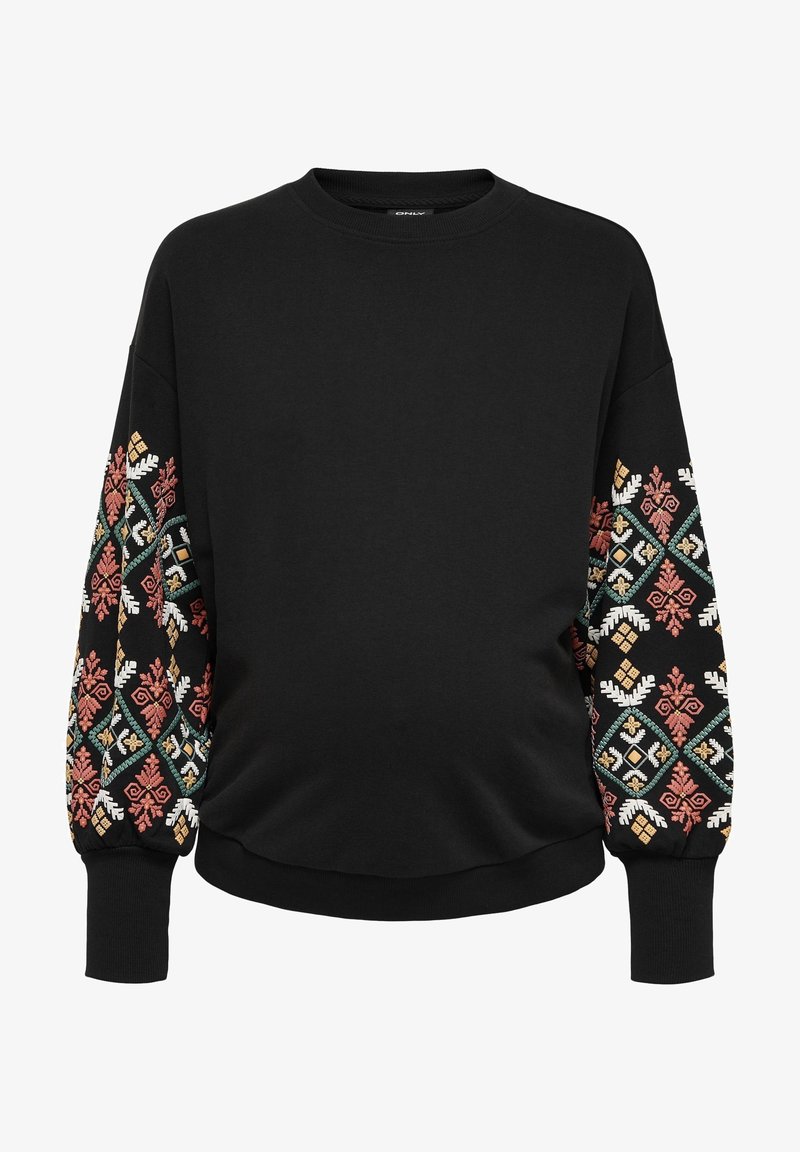 Sweat-shirt noir à manches longues avec des motifs brodés colorés en rouge, vert et jaune sur les manches. Texture de tissu douce.