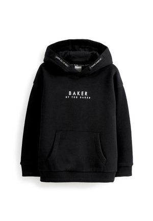 Black hooded sweatshirt made of soft fabric, featuring a kangaroo pocket and white text "BAKER BY TED BAKER" on the front.