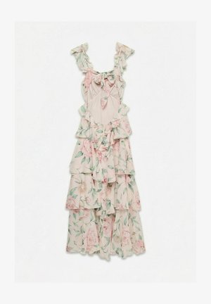 Varrukateta kihiline maksikleit roosa lillemustriga, kortsudega õlapaelad, lips rinnal ning kihilised volangid seelikul ja bodil.