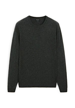 Gray, crew-neck sweater made of soft material, featuring long sleeves and ribbed cuffs and hem. No visible patterns or accents.