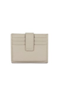 Portafoglio in pelle beige con finitura texturizzata, dotato di sei scomparti per carte e chiusura centrale a patta. Design rettangolare compatto.