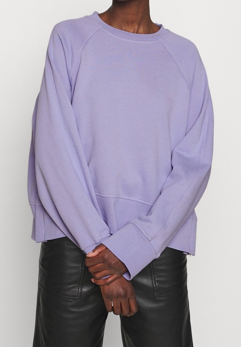 Sudadera oversized de lavanda con mangas raglán, cuello redondo y un dobladillo ligeramente recortado, hecha de una suave mezcla de algodón.