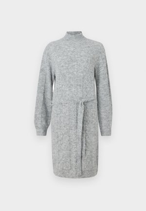 Grijze gebreide jurk met een hoge hals, lange mouwen en een ceintuurlijn. Heeft een textuurstof en een ontspannen silhouet.